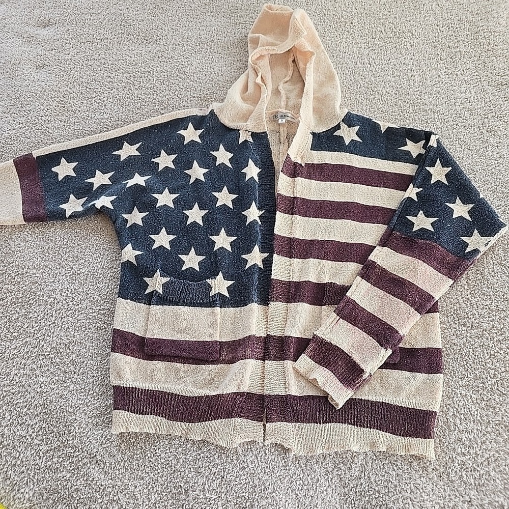 Lisa Robertson Women's Cardigan Sweater American‎ Flag Design Hooded Size M